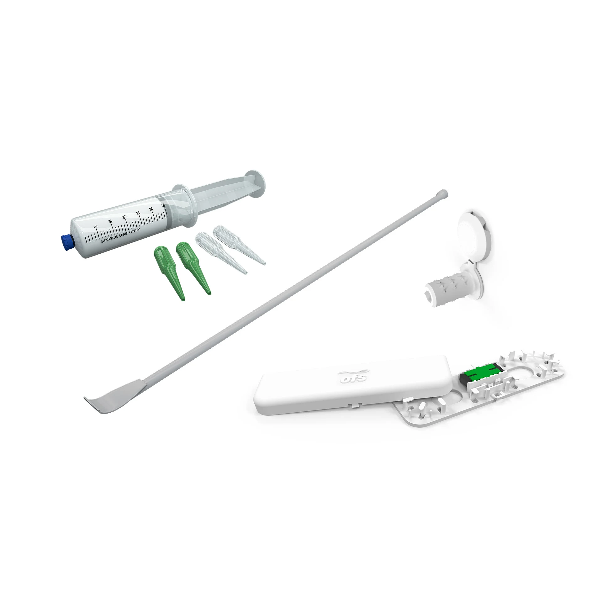 KIT COMPLEMENTAR SOLUÇÃO INVISILIGHT (CAIXA DE CONEXÃO, PIGTAIL, FERRAMENTA DE PAREDE, COLA, PLUG AND CAP)